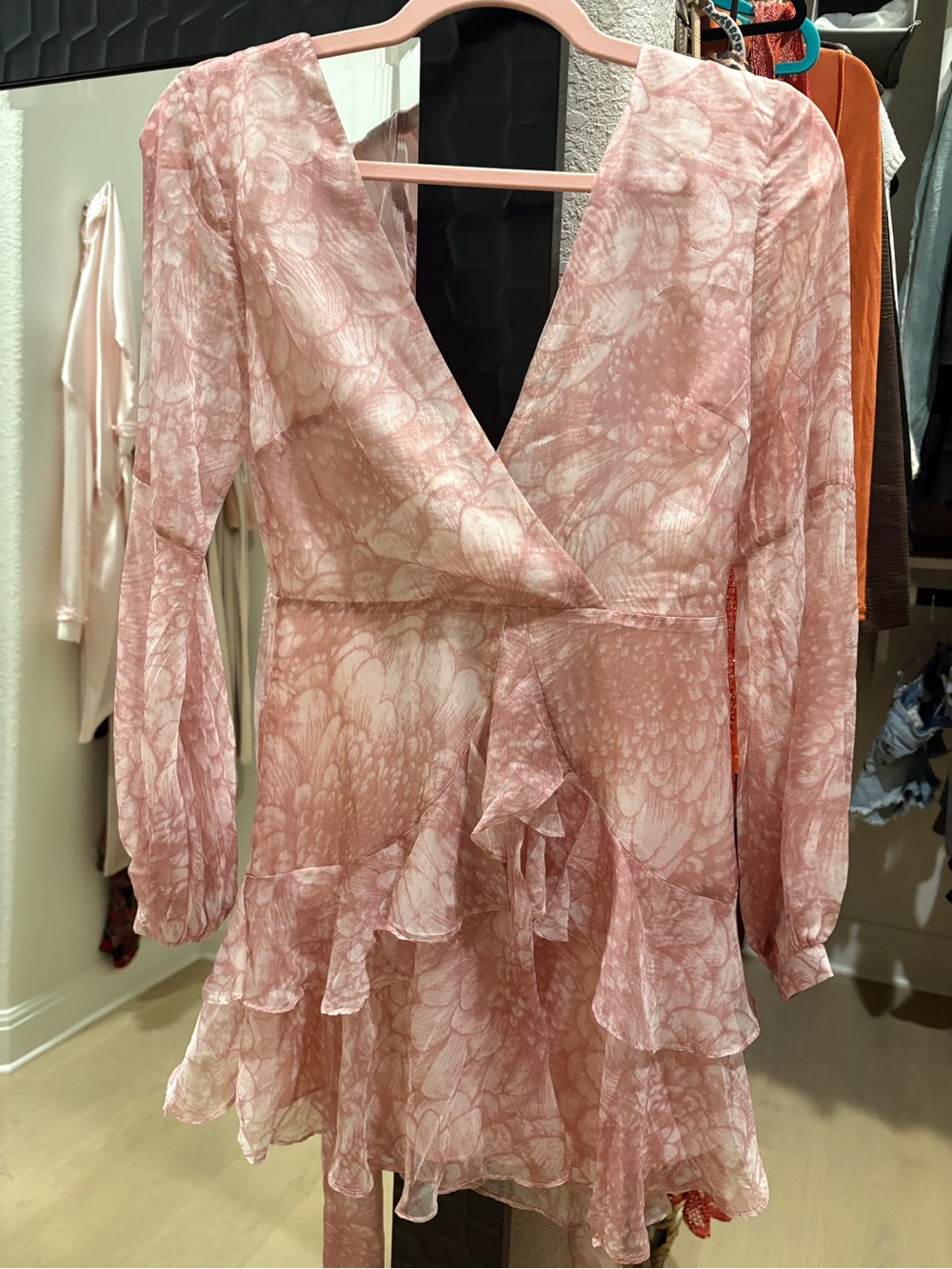 Hello Molly Blush Pink Floral Ruffle Wrap Mini Dress
